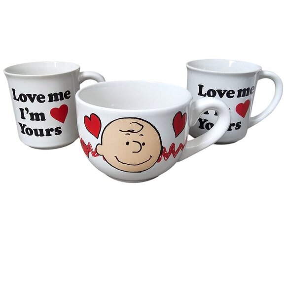 Charlie Brown Peanuts Be Mine Valentine's Day Coffee Cup Mug Hearts 3 Piece Set - Picture 9 of 10